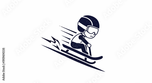 Cute cartoon skier in action, speeding down a snowy slope with motion lines, representing winter sports and fun