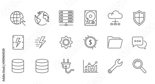 Digital technology icons depicting data security and networking silhouette