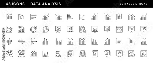Data analysis icon collection. Statistics icon set. presentation, graph, diagram, infographic, data analytics, business report, insight and more. Editable stroke. Pixel Perfect. Grid base 32 x 32.