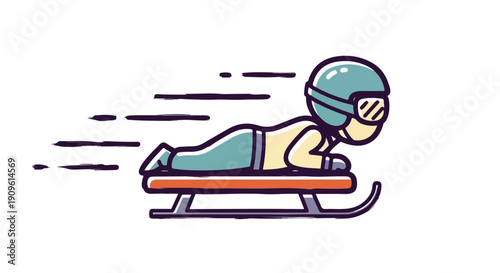 Cartoon skeleton athlete lying on sled going fast down snowy track with motion lines