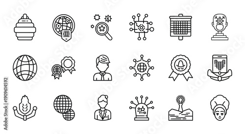 Collection of linear icons depicting technology awards and people silhouette