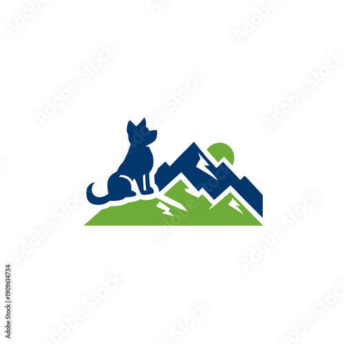 Blue dog silhouette on green mountains with sun. Outdoor pet adventure, nature exploration graphic. Hiking companion logo icon.