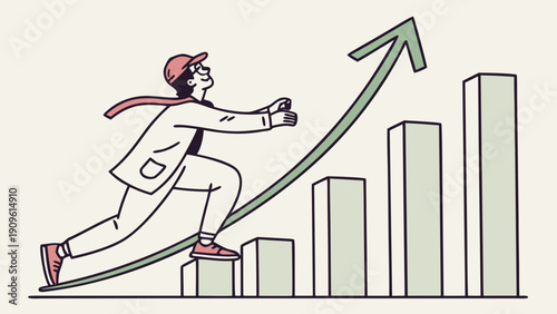 Businessman running up a rising graph with an upward arrow, symbolizing success in a professional environment from a dynamic viewpoint.