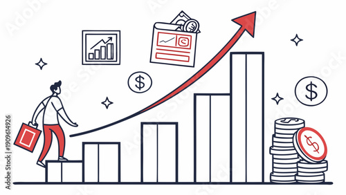 Business Page Page Illustration Featuring a Man Climbing Graph Bars with Rising Arrow Indicating Financial Growth and Success