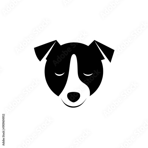 Cute sleeping dog face icon, minimalist black and white pet head logo illustration, simple animal graphic design element
