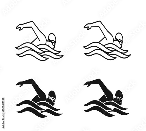 Black and white illustration depicting a swimmer in a freestyle stroke shown in mirrored pairs