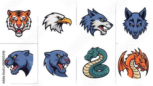 Animal heads tiger eagle wolf panther snake dragon vector illustrations