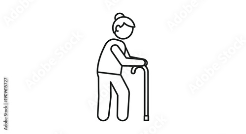Elderly woman with walking cane simple line art silhouette