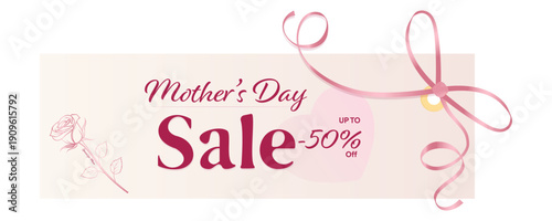 Mother’s Day sale banner with 50 percent discount text, ribbon bow, heart shape and line rose illustration on light background.