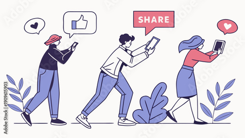 People sharing content Page on mobile devices with social media interactions and likes Page Illustration