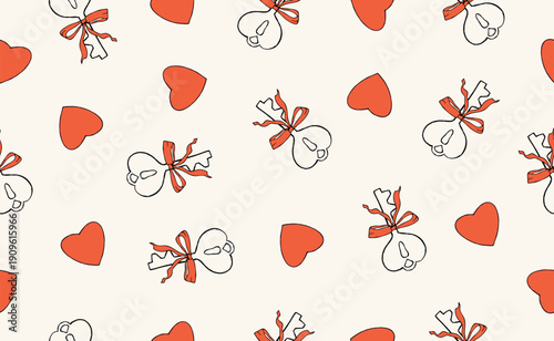 Hand drawn whimsical valentine seamless pattern with rad heart, bow, ribbon, key. Coquette doodle vintage elements for Valentine's Day, wedding, invitation. Isolated crayon vector illustration.