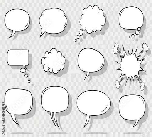 Collection of various blank comic speech bubbles and thought balloons on a transparent background high quality