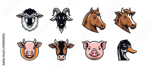 Farm animal illustrations heads collection
