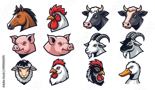 Farm animal illustrations horse rooster cow pig goat sheep and duck