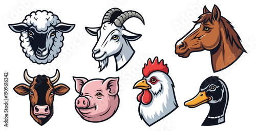 Farm animals heads collection vector illustration isolated