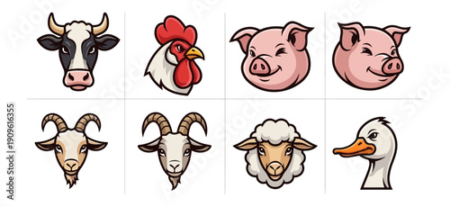 Farm animals heads illustrations cartoon style