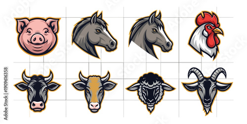 Farm animals heads collection vector illustrations for design