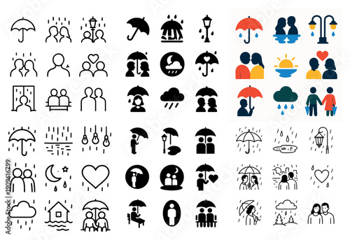 Rainy day people icon set: outline & color