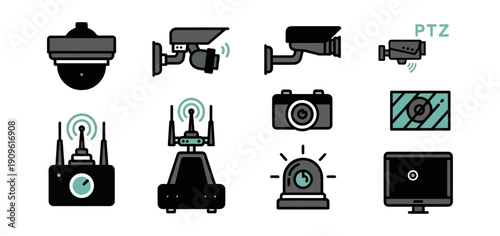 Security camera icons set illustration surveillance system