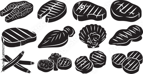 Grilled food icons set with various meats and vegetables