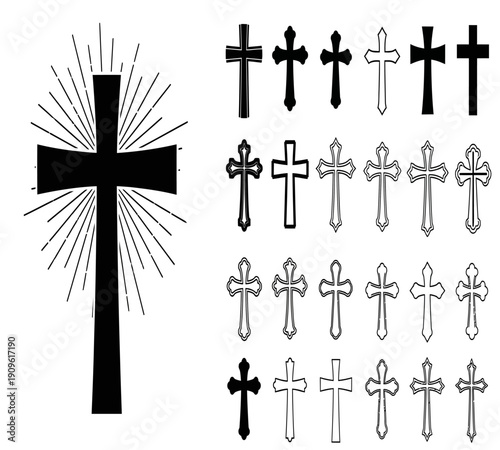 A collection of christian crosses in various styles sizes and shades of black and white