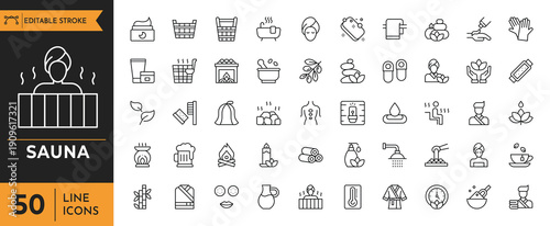 Sauna Outline icon set. Contain icons related to wellness, massage, sauna hat, relaxation, spa, heater, steam room and more. Editable stroke. vector illustration