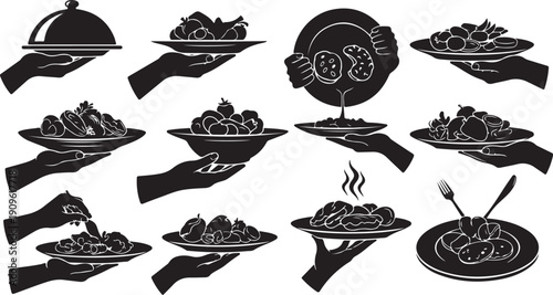 Various Black and White Food Icons with Hands Holding Plates