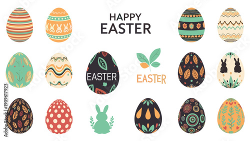 Colorful set of patterned Easter eggs with bunny silhouettes and festive leaves for spring holiday celebration greeting cards and decorations.