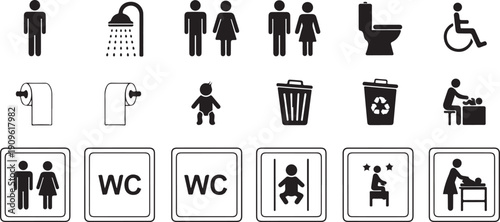 WC Icon Set. Toilet, Restroom, Man and Woman, Bathroom, Disabled Access, Dumpster, Toilet Paper, Baby Changing Symbols Vector Isolated eps