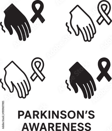 Parkinson's Awareness Illustration: A set of illustrations, each depicting a hand with tremors alongside the awareness ribbon.