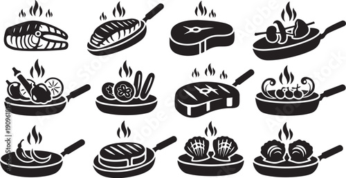 Various Food Items Being Cooked in Frying Pans Illustration