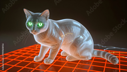 Futuristic transparent cybernetic cat with glowing green eyes sitting on red grid floor