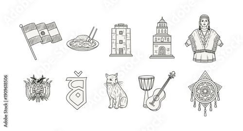 Bolivian cultural symbols and landmarks in a hand-drawn sketch style