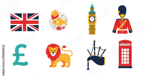 Collection of iconic British symbols and landmarks in a flat design style