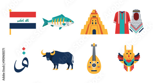 Collection of Iraqi cultural symbols and landmarks in a flat design style