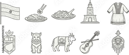 Collection of Paraguayan cultural symbols and landmarks in a minimalist line art style