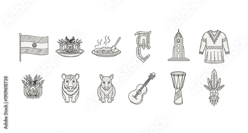 Collection of Paraguayan cultural symbols and landmarks in a minimalist line art style