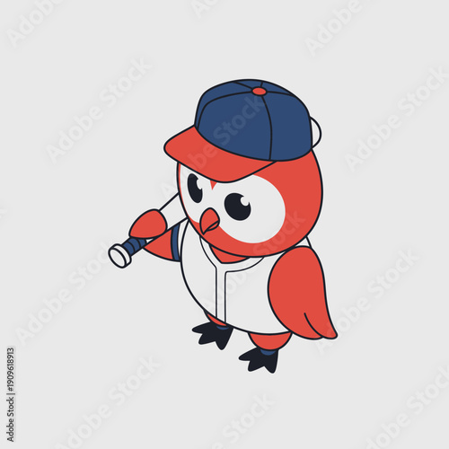 Cute Cartoon Owl Baseball Player Holding Bat.
