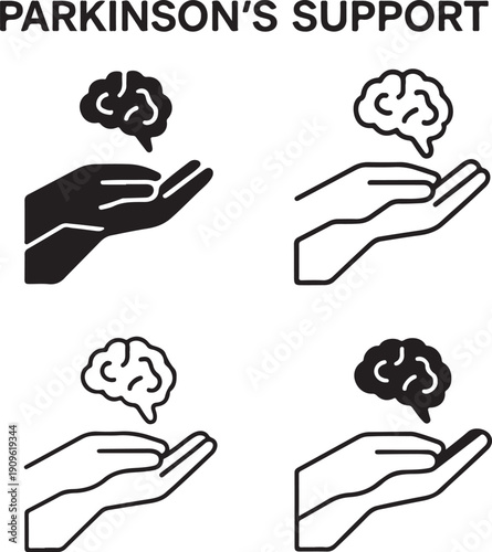 Parkinson's Support Symbol: An impactful representation featuring a hand cradling a brain, symbolizing care, support and understanding for those affected by Parkinson's disease.