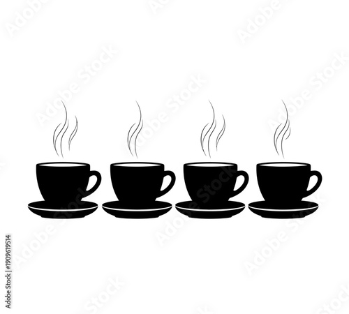 Four black coffee cups with rising steam arranged in a simple horizontal line high quality professional