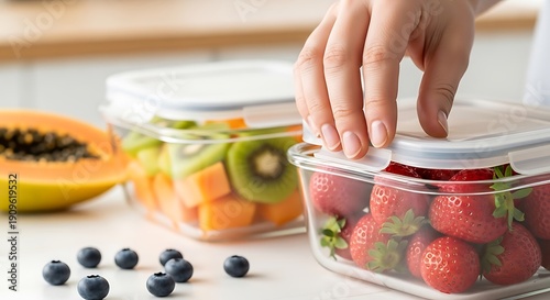 Preparing fresh fruit containers for healthy meals and snacks