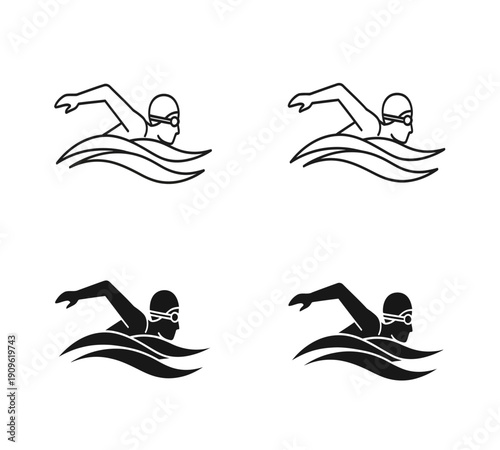 Black and white line art depicting a swimmer in various freestyle swimming positions high quality professional