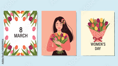 Three elegant cards for 8 March International Women's Day featuring floral patterns and a girl holding a bouquet of colorful tulips for her.