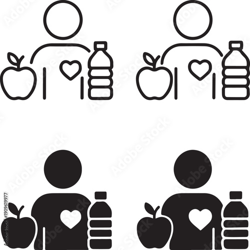 Healthy Lifestyle Icon Set: A comprehensive icon set depicting various healthy lifestyle choices including apple, water bottle, and a heart symbol.