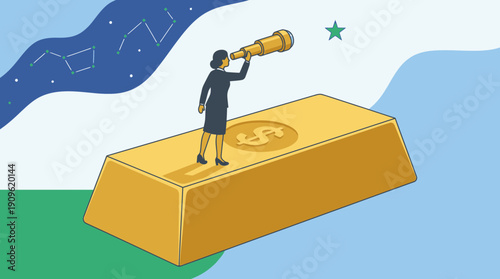 Female CEO stands on gold ingot looking through telescope at star target under constellations, concept for financial planning, market strategy and investment growth