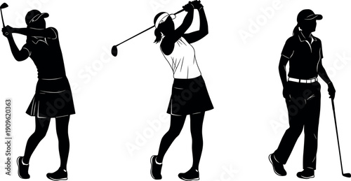 Female Golfer Silhouette Set of Three Poses Swinging and Walking with Club on White Background for Sports Design Vector Illustration