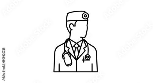 Professional Doctor Wearing Stethoscope and Head Mirror, Healthcare Worker Outline Icon on Isolated White Background