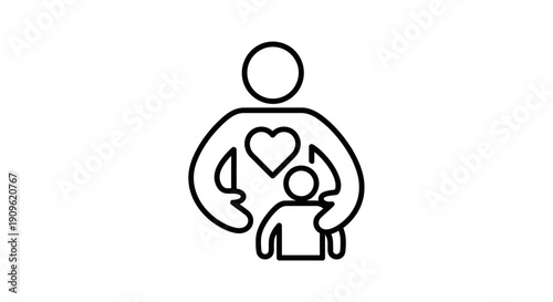 Caring Adult Embracing a Child with Heart Symbol, Love and Family Concept Outline Icon on Isolated White Background