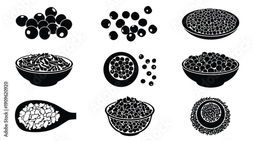 Set of black silhouettes of berries and cereals in bowls isolated on transparent background