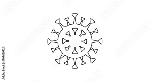 Simple black and white outline illustration of a coronavirus particle, depicting its characteristic spike proteins on a white background.
